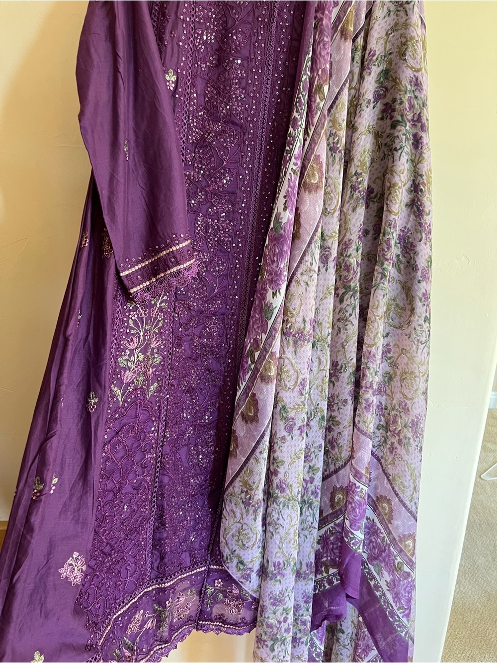 Embroidered Purple Ethnic Dress with Floral Scarf Pakistani Indian dress